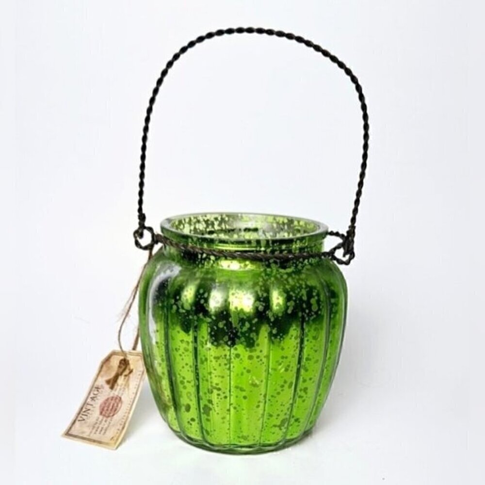 Vintage Collection Mercury Glass Lantern Hanging Tea Light Holder Green & Silver